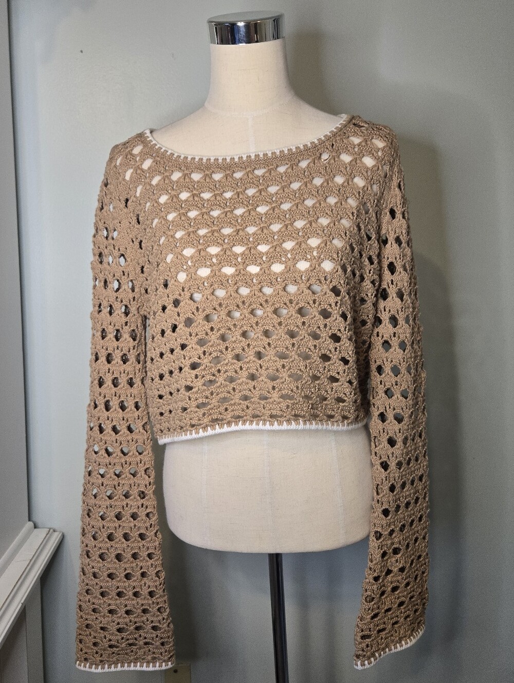 Cotton On Beige Open-Knit Crochet Crewneck Sweater